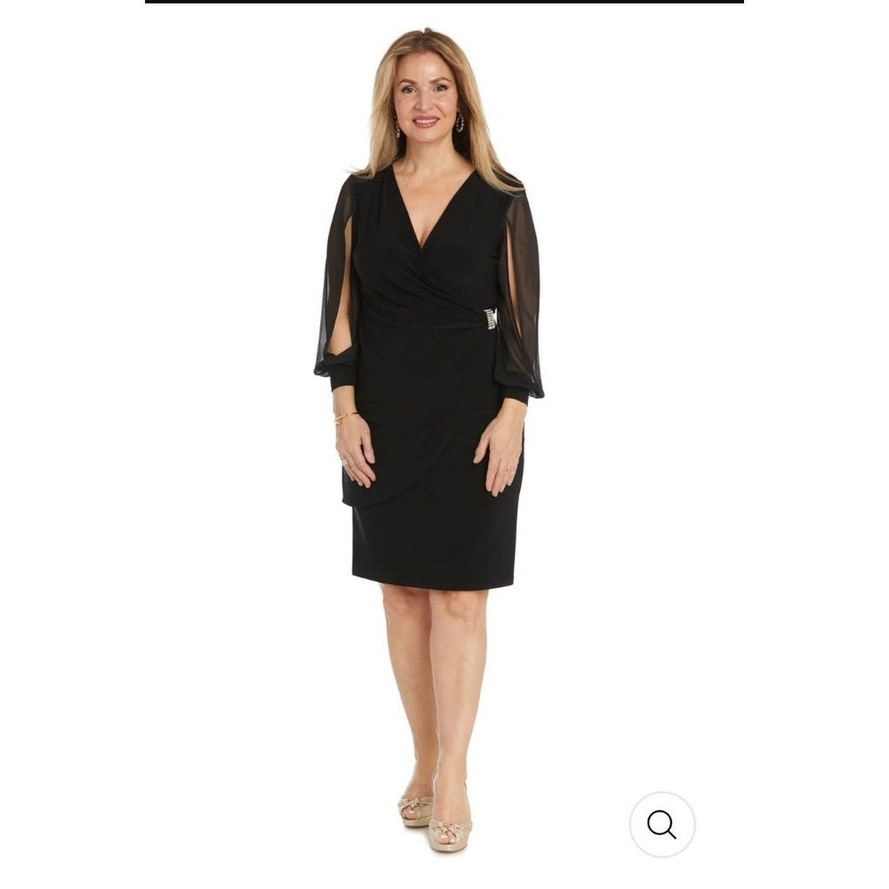 NWT- R & M Richards Black Cocktail Dress W/Sheer Balloon Sleeves & Slit Size 14P